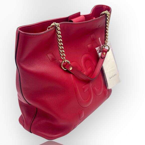 Logo Chain Shoulder Bag Apollo GG Handbag Tote Bag Red Leather New - Picture 5 of 10